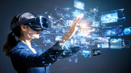 Poster - Woman in VR Headset Interacting with Digital Screens