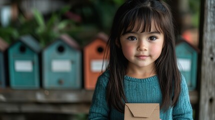 A young girl with a ponytail poses with a small brown envelope, standing against a backdrop of colorful birdhouses, embodying curiosity and wonder.