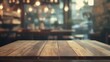 © Business Pics - Empty wooden table space platform and blurry defocused restaurant interior, Vintage tone