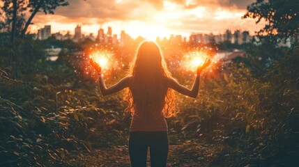 Poster - Woman with glowing hands standing in front of a sunset and city skyline