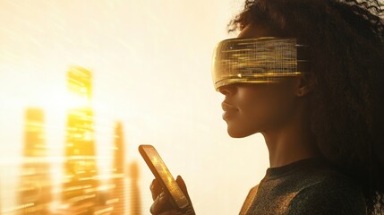 Poster - A Woman Wearing Futuristic Glasses Uses Her Smartphone In A Cityscape