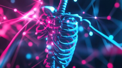 Poster - Neon Ribcage Skeleton with Abstract Lights and Lines