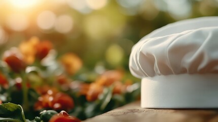 A chef's hat is placed on a rustic wooden table amidst vibrant flowers and natural lighting, symbolizing culinary art meeting organic inspiration and creativity.