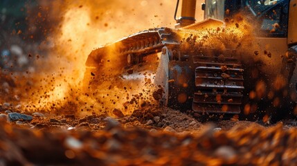 Bulldozer in Action, a powerful bulldozer moving earth, showcasing its strength and precision in a construction site environment.