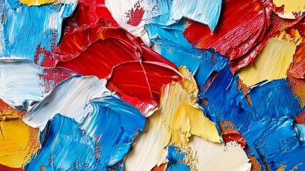 Poster - Skillfully applied thick oil paint in vibrant red, yellow, blue, and white colors creates a bold abstract background with visible brush strokes, perfect for creative designs