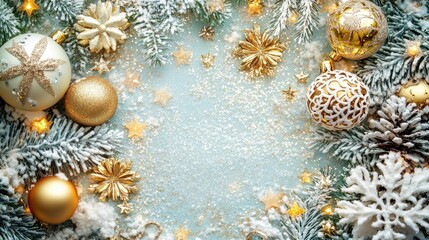 New Year Wishes golden ornaments  sparkling stars  snowflakes  