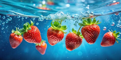 Fresh healthy strawberries floating in blue water with bubbles