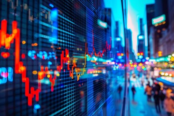 Poster - An abstract representation of a rising stock market ,An abstract visualization of a stock market trading chart, adorned with red and blue lights, representing market movements.