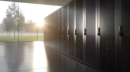 Poster - Server Room with Rows of Black Cabinets and a Window View