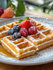 Wall Mural - Waffles with Berries and Powdered Sugar