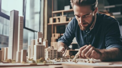 Aufkleber - Man with Beard Working on a Detailed City Model