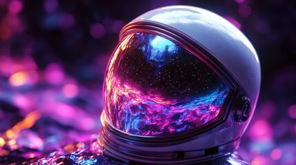 Wall Mural - Astronaut is wearing a helmet reflecting a colorful and vibrant universe, creating a sense of wonder and exploration