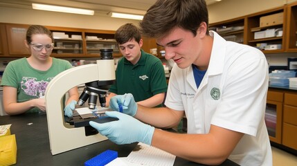 Poster - A Student Examining A Slide Under A Microscope In A Lab