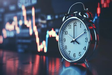 An animated inflation clock ticking upwards,An alarm clock rests on a table beside a stock chart, symbolizing the urgency of financial monitoring.