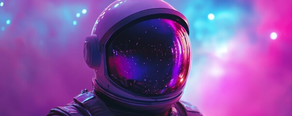 Canvas Print - Astronaut in a futuristic helmet gazes at a galaxy of neon lights, evoking wonder and awe. Vibrant colors spark imagination and inspire exploration in space