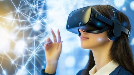 Poster - Woman Experiencing Virtual Reality with Interconnected Network