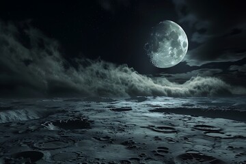 Wall Mural - moon with craters in black sky with clouds at night