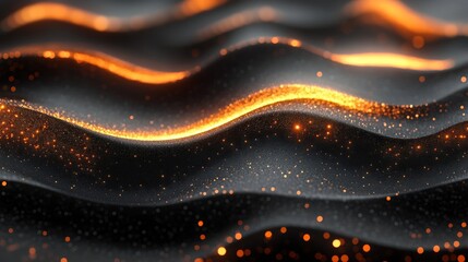 Sticker - Golden particles are creating a magical wavy texture on a black background in a digital environment. This abstract animation is perfect for technology or science-related projects