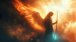 © Siasart - A majestic angel with fiery wings, holding a sword in a dramatic scene.