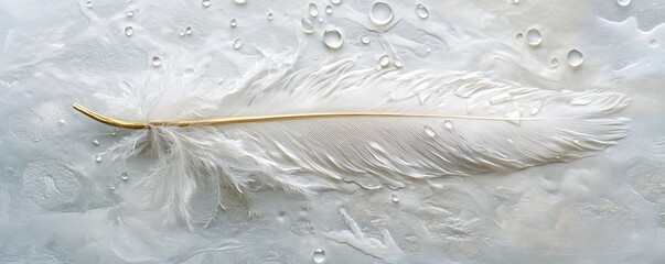 Sticker - Single white feather with a golden shaft is laying on a textured background with water drops, evoking purity, lightness and elegance