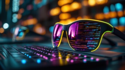 Poster - Sunglasses Reflecting Colorful Code on a Keyboard