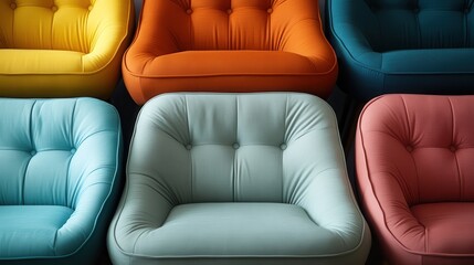 This artistic photo captures various colorful and stylish chair seats arranged aesthetically, creating a vibe of modern design and creativity in any interior setting.