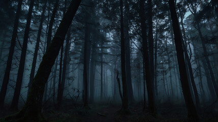  Dark eerie forest at night, enveloped in fog, with towering trees and a frightening atmosphere	