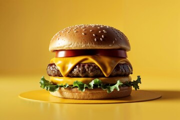 Delicious cheese hamburger on yellow background 