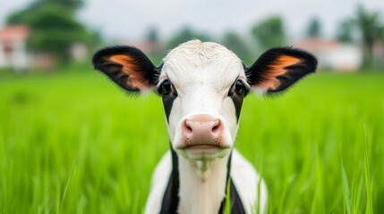 A young black and white calf stares intently at the camera, its large brown eyes full of curiosity. The calf stands in a field of lush green grass