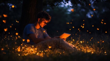 Aufkleber - Man Using Tablet Computer Surrounded by Fireflies in the Night