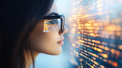 Poster - Woman Gazing at Computer Screen Reflecting Code