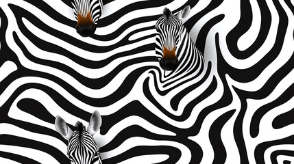 Zebras with distinctive black and white stripes create striking visual against wavy striped background. design evokes sense of movement and harmony in nature