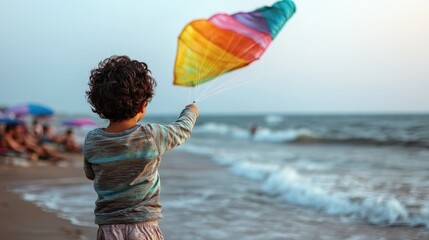 A young child flies a colorful kite near the ocean at sunset, symbolizing freedom and joy, with soft sand and gentle waves completing the picturesque setting.