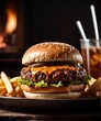© Enrique - Succulent burger with fries in dark food photography style.