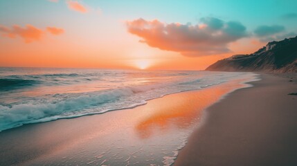 Wall Mural - a serene beach at sunset with gentle waves lapping against the shore.