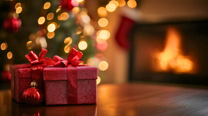 Two red gift packages for New Year and Christmas placed beside a decorated tree in a festive home setting, featuring traditional red bows.