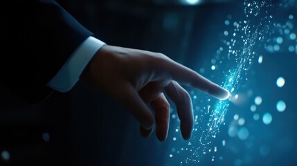 Poster - A businessman's hand reaches out, touching a glowing digital interface.