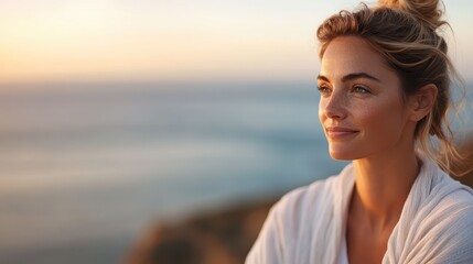 A serene woman enjoys peaceful moments while gazing at the ocean during a beautiful golden sunset. Her expression depicts tranquility and mindfulness by the sea.