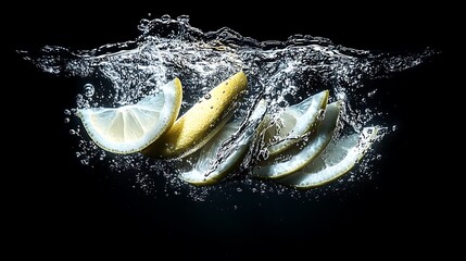 Lemon slices splash into water against a black background.