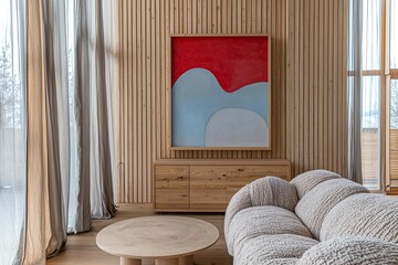 Minimalist, modern Scandinavian interiors in the living room with wood-finished walls with art frames hanging and sofas and wood cabinets. Generative AI
