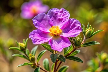 close-up of cistus symphytifolius wild plant with purple flower in natural setting
