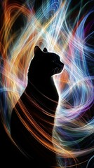 Wall Mural - Mysterious black cat silhouette surrounded by swirling light trails, creating a mystical and magical atmosphere with vibrant colors and a cosmic design, perfect for a unique wallpaper