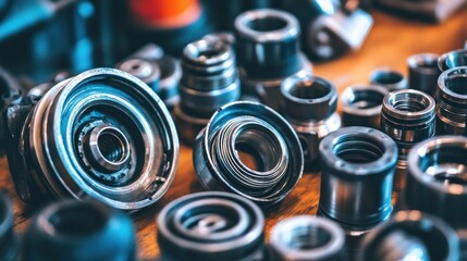 Poster - Closeup of Various Metal Parts on Wooden Surface