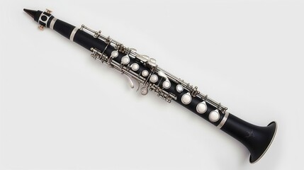 a clarinet clipart, woodwind instrument element, hyper-realistic, black and silver, isolated on whit