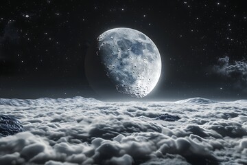 Wall Mural - moon with craters in black sky with clouds at night