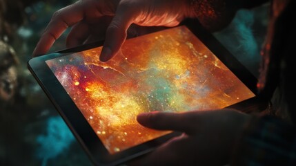 Poster - Closeup of hands holding a tablet with an abstract background