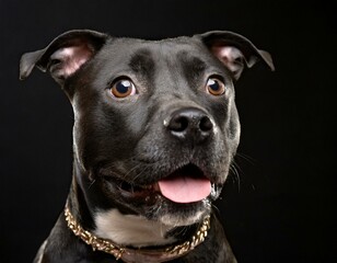 retrato de un perro de raza staffy sentado y mirando