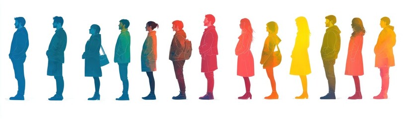 Wall Mural - Silhouettes of people standing in a line, depicted in a colorful gradient of blue, green, orange, red, and yellow shades Generative AI