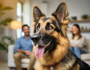 perro pastor aleman sentado en primer plano junto a una familia feliz