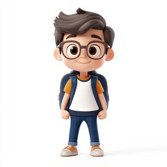 Cute cartoon boy character wearing glasses and a striped sweater with a backpack Generative AI